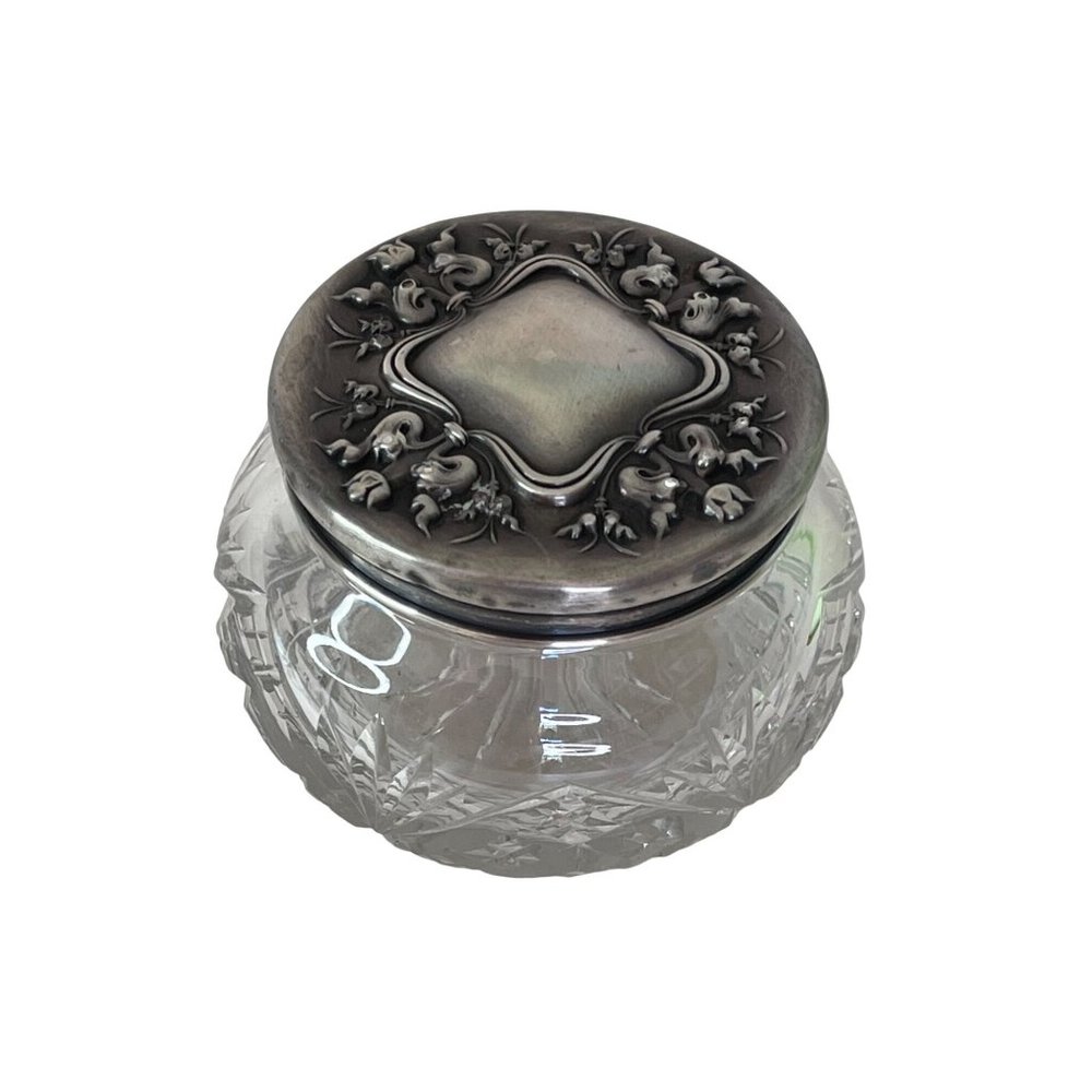 Vintage Cut Crystal Vanity Dresser Cosmetic Jar Sterling Silver Lid 3" x 4"
